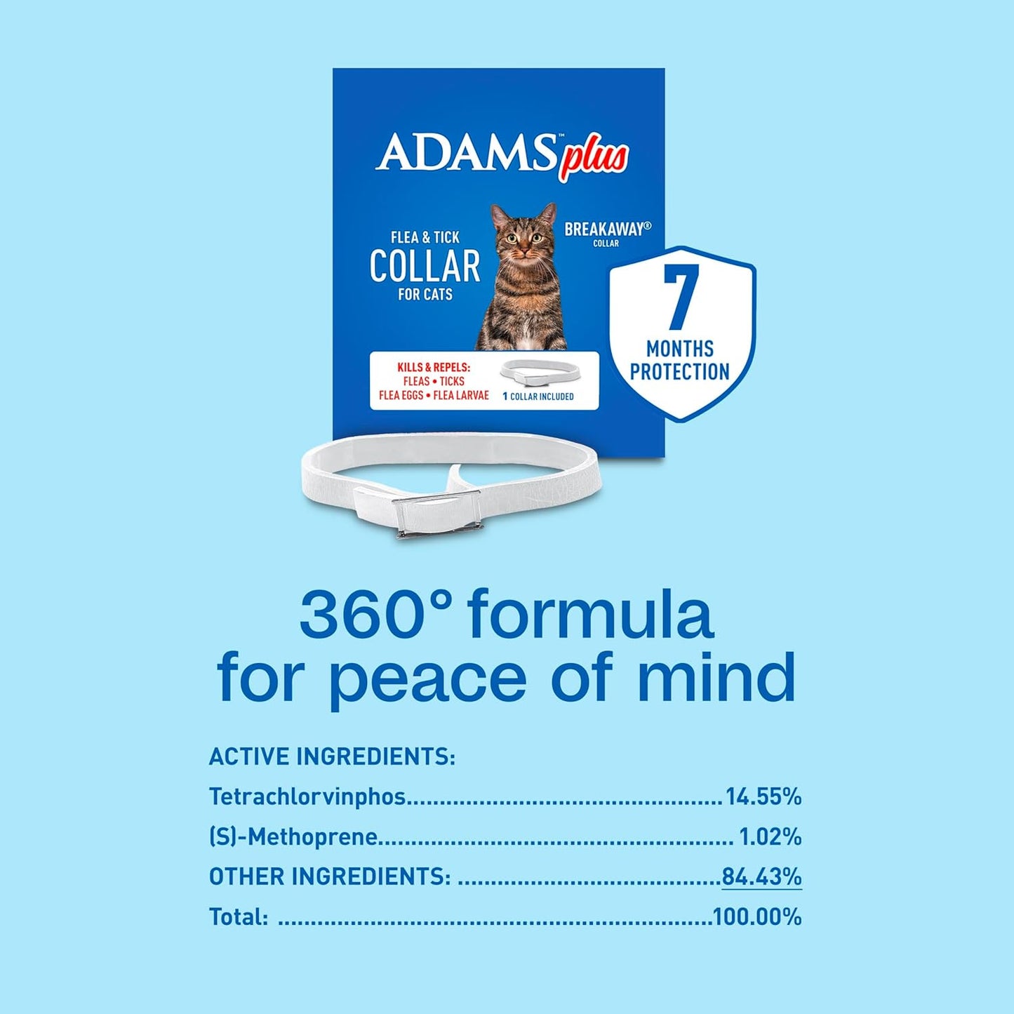 Adams Plus Flea & Tick Collar for Cats Water-Resistant Up to 7 Months Protection 3PCK